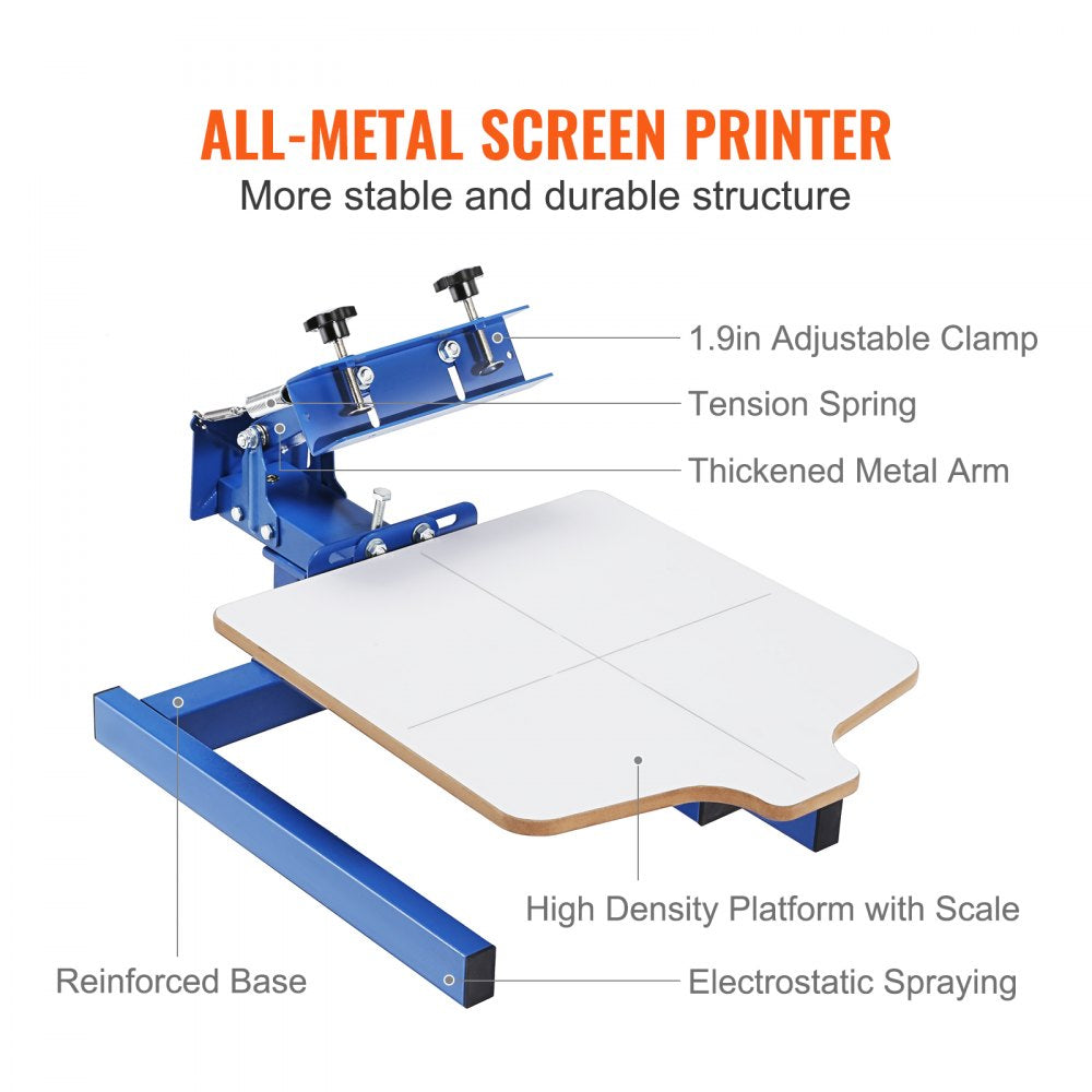 Blue all-metal silk screen printing press with adjustable clamps and high-density platform.