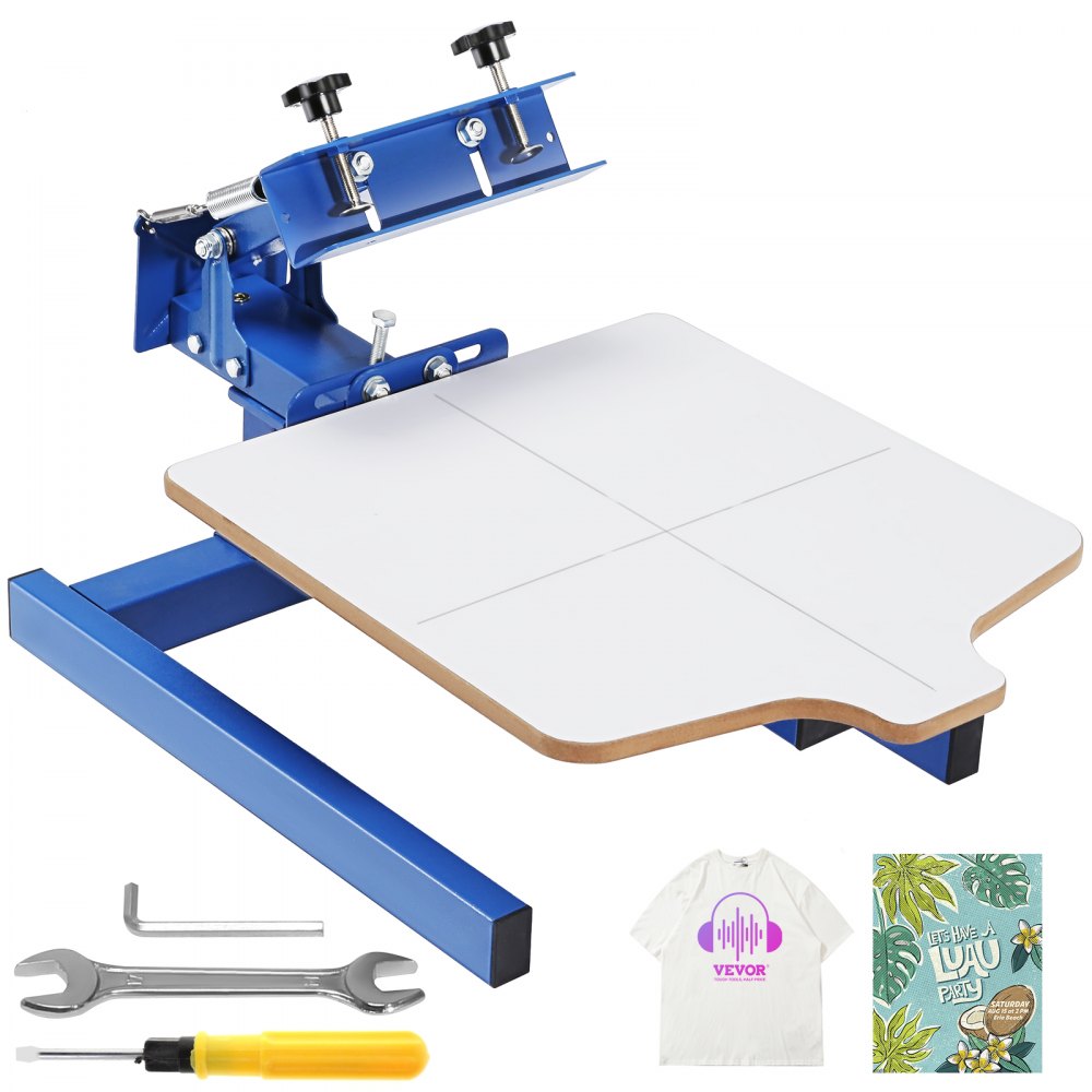 Blue silk screen printing press with white adjustable pallet and included tools and accessories.