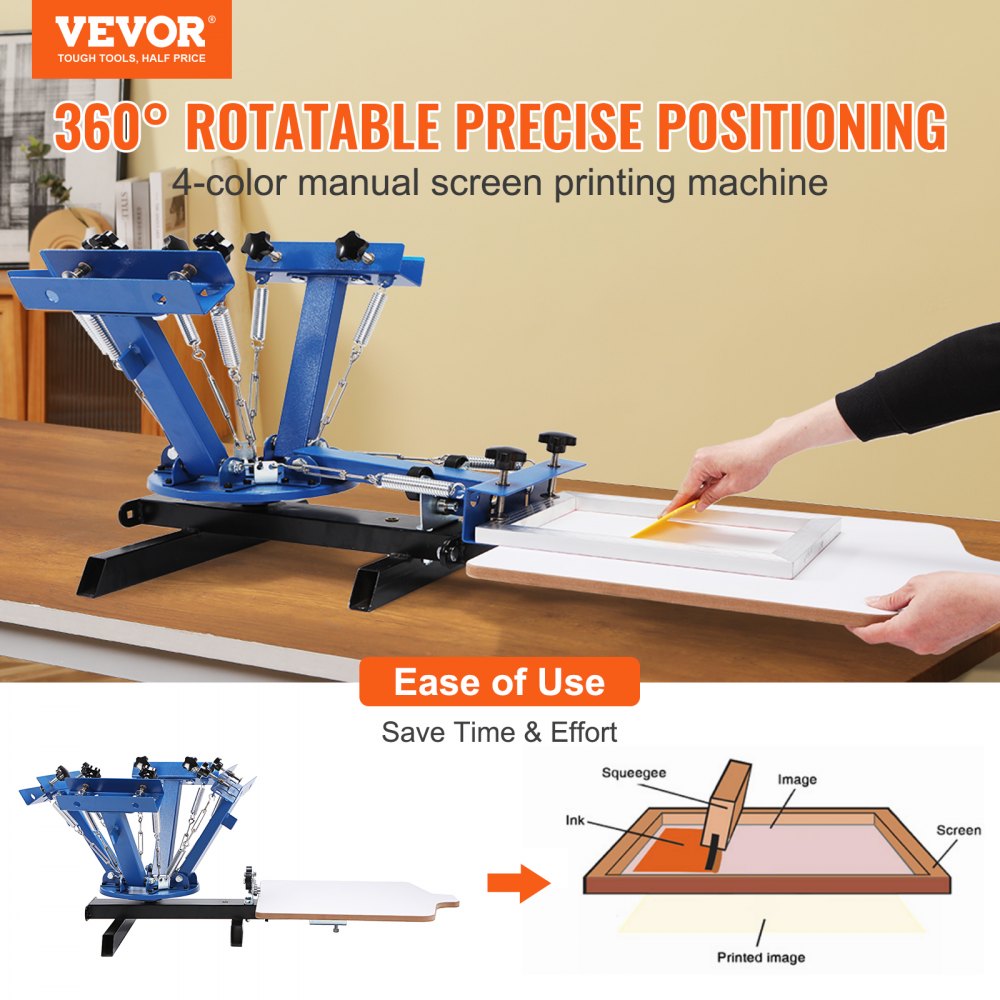 Blue 4-color 1-station screen printing machine with 360-degree rotary pallet on a wooden table.