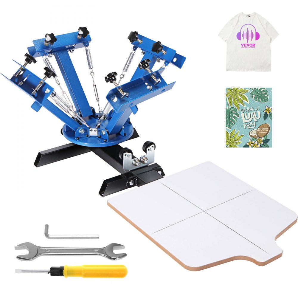 Blue 4-color 1-station screen printing machine with 360° rotary pallet and tools.