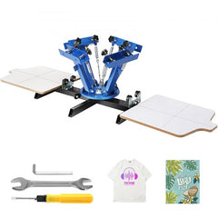 Blue 4-color 2-station screen printing press with 21.2x17.7in rotary frame, white platens, and included tools.