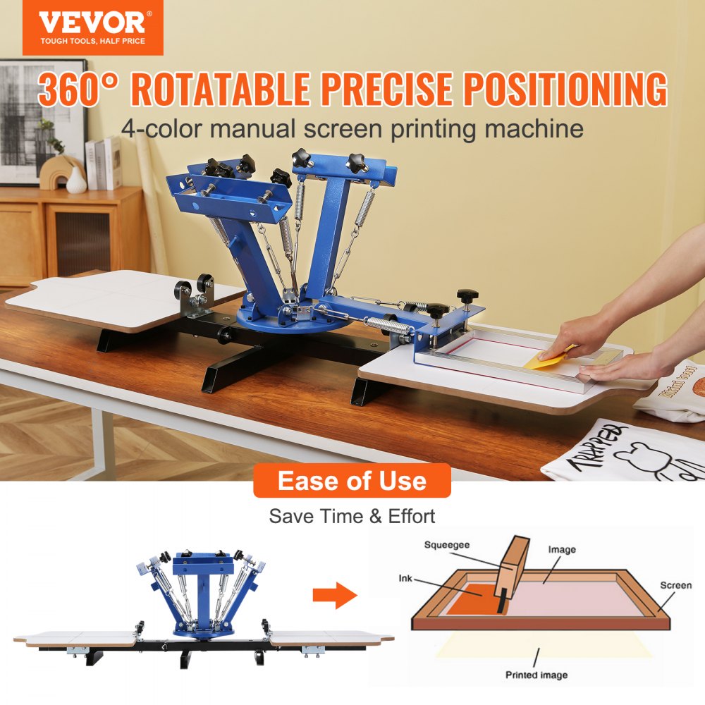 Blue 4-color 2-station manual screen printing press with 360-degree rotatable positioning on a wooden table.