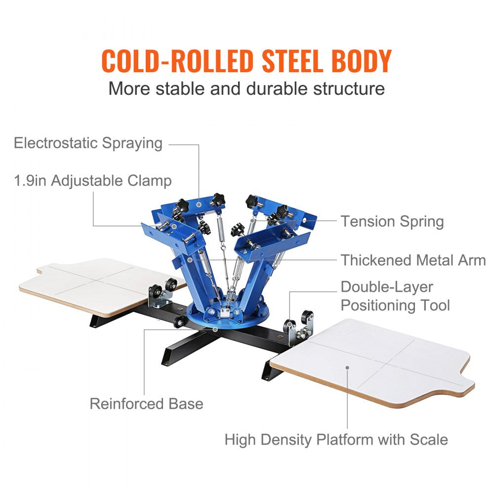 Blue 4-color 2-station rotary screen printing press with adjustable clamps and reinforced base.