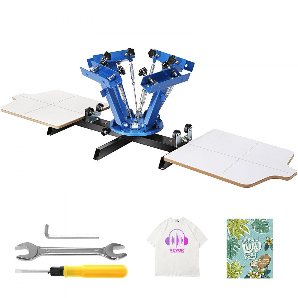 Blue 4-color 2-station screen printing press with rotary base, 21.2x17.7in platens, tools, white t-shirt, and printed book.