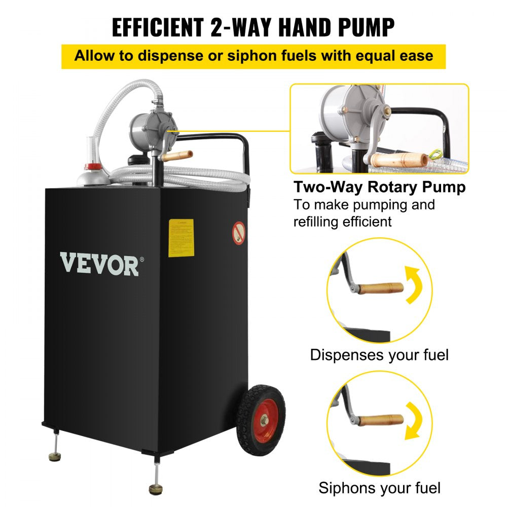 30 Gallon Gas Caddy, Fuel Storage Tank with Wheels, Portable Fuel Caddy with Manuel Transfer Pump, Gasoline Diesel Fuel Container for Cars, Lawn Mowers, ATVs, Boats, More, Black