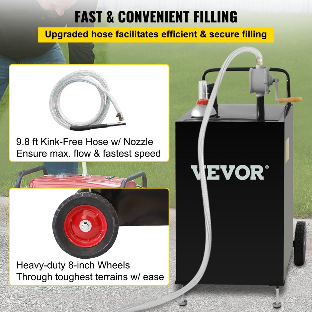 30 Gallon Gas Caddy, Fuel Storage Tank with Wheels, Portable Fuel Caddy with Manuel Transfer Pump, Gasoline Diesel Fuel Container for Cars, Lawn Mowers, ATVs, Boats, More, Black