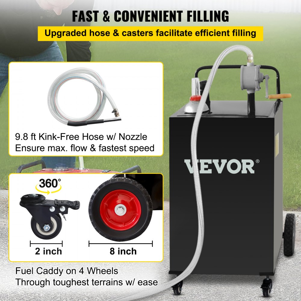 30 Gallon Fuel Caddy, Gas Storage Tank & 4 Wheels, with Manuel Transfer Pump, Gasoline Diesel Fuel Container for Cars, Lawn Mowers, ATVs, Boats, More, Black