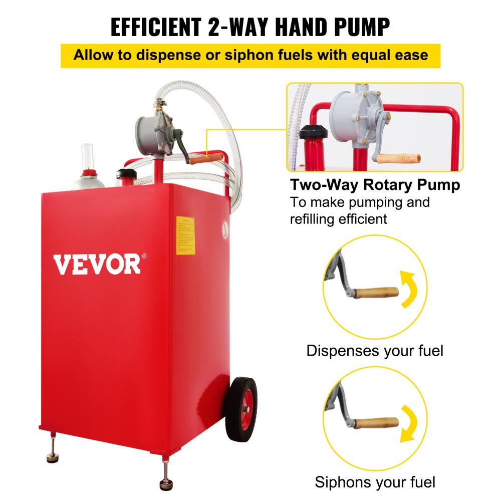 30 Gallon Fuel Caddy, Fuel Storage Tank on 2 Wheels, Portable Gas Caddy with Manuel Transfer Pump, Gasoline Diesel Fuel Container for Cars, Lawn Mowers, ATVs, Boats, More, Red