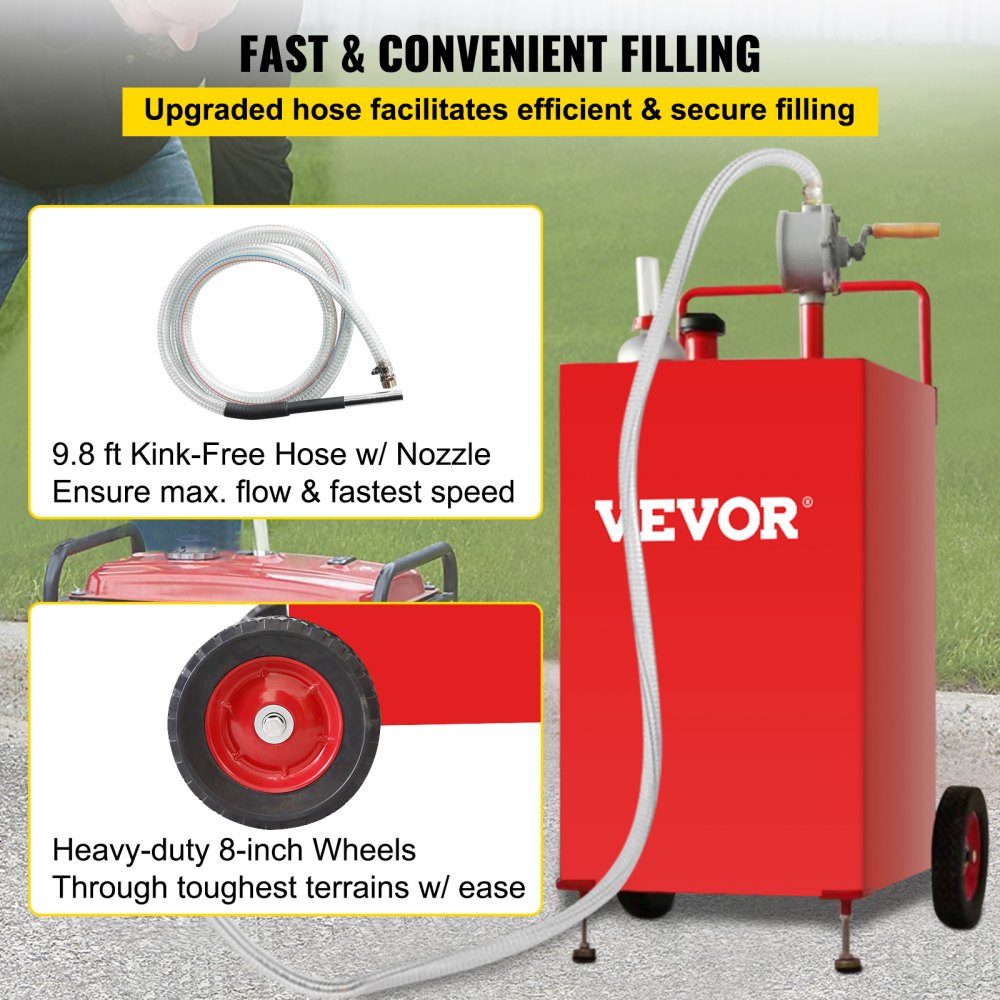 30 Gallon Fuel Caddy, Fuel Storage Tank on 2 Wheels, Portable Gas Caddy with Manuel Transfer Pump, Gasoline Diesel Fuel Container for Cars, Lawn Mowers, ATVs, Boats, More, Red