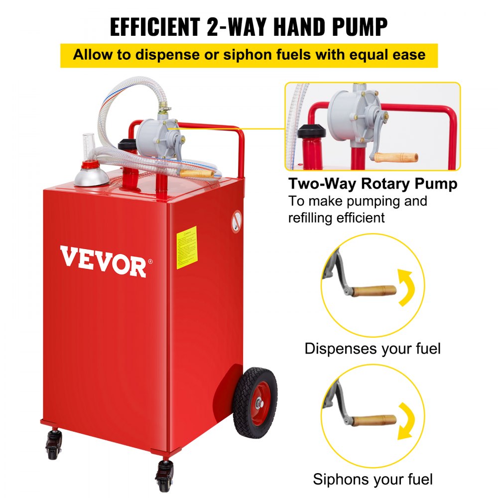 30 Gallon Fuel Caddy, Gas Storage Tank & 4 Wheels, with Manuel Transfer Pump, Gasoline Diesel Fuel Container for Cars, Lawn Mowers, ATVs, Boats, More, Red