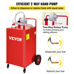 30 Gallon Fuel Caddy, Gas Storage Tank & 4 Wheels, with Manuel Transfer Pump, Gasoline Diesel Fuel Container for Cars, Lawn Mowers, ATVs, Boats, More, Red