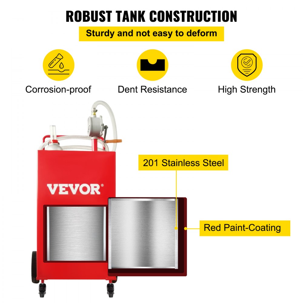 30 Gallon Fuel Caddy, Gas Storage Tank & 4 Wheels, with Manuel Transfer Pump, Gasoline Diesel Fuel Container for Cars, Lawn Mowers, ATVs, Boats, More, Red