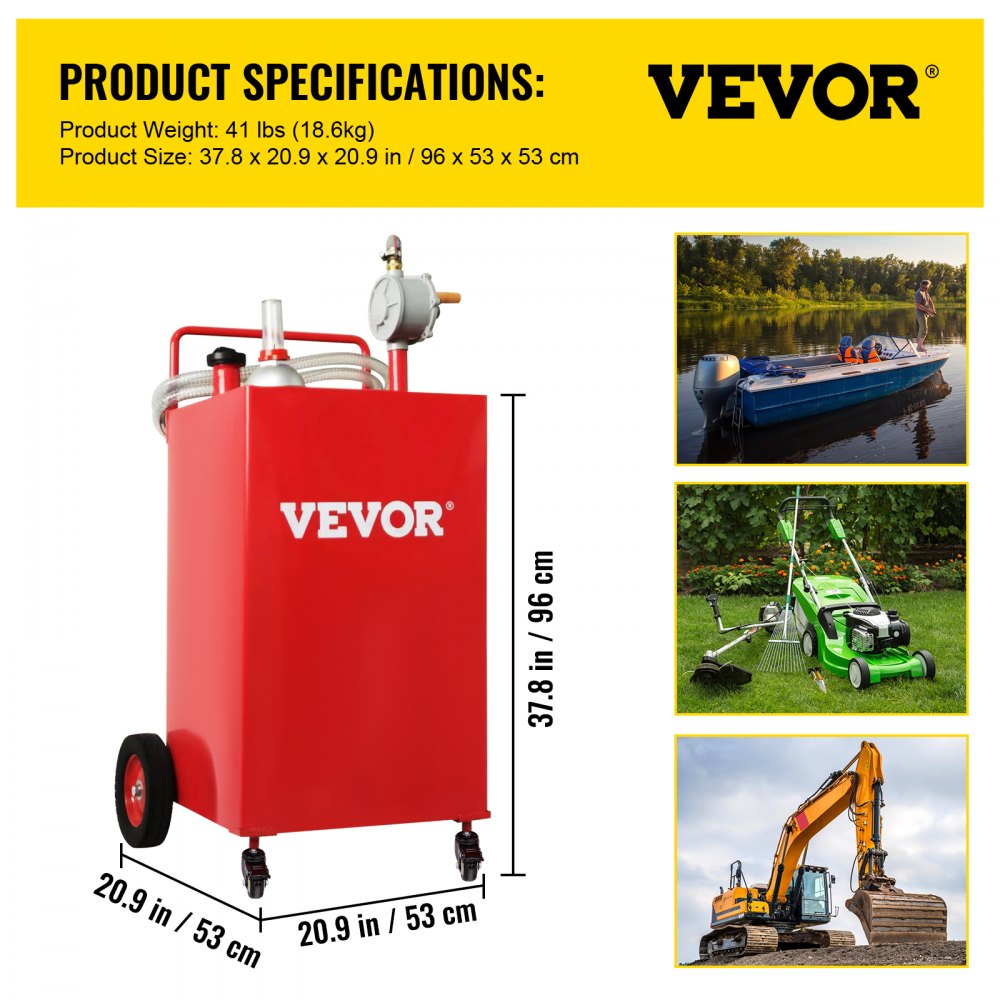 30 Gallon Fuel Caddy, Gas Storage Tank & 4 Wheels, with Manuel Transfer Pump, Gasoline Diesel Fuel Container for Cars, Lawn Mowers, ATVs, Boats, More, Red