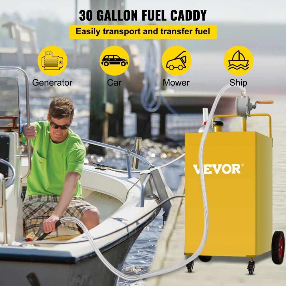 30 Gallon Fuel Caddy, Gas Storage Tank & 4 Wheels, with Manuel Transfer Pump, Gasoline Diesel Fuel Container for Cars, Lawn Mowers, ATVs, Boats, More, Yellow