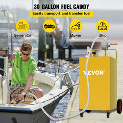 30 Gallon Fuel Caddy, Gas Storage Tank & 4 Wheels, with Manuel Transfer Pump, Gasoline Diesel Fuel Container for Cars, Lawn Mowers, ATVs, Boats, More, Yellow