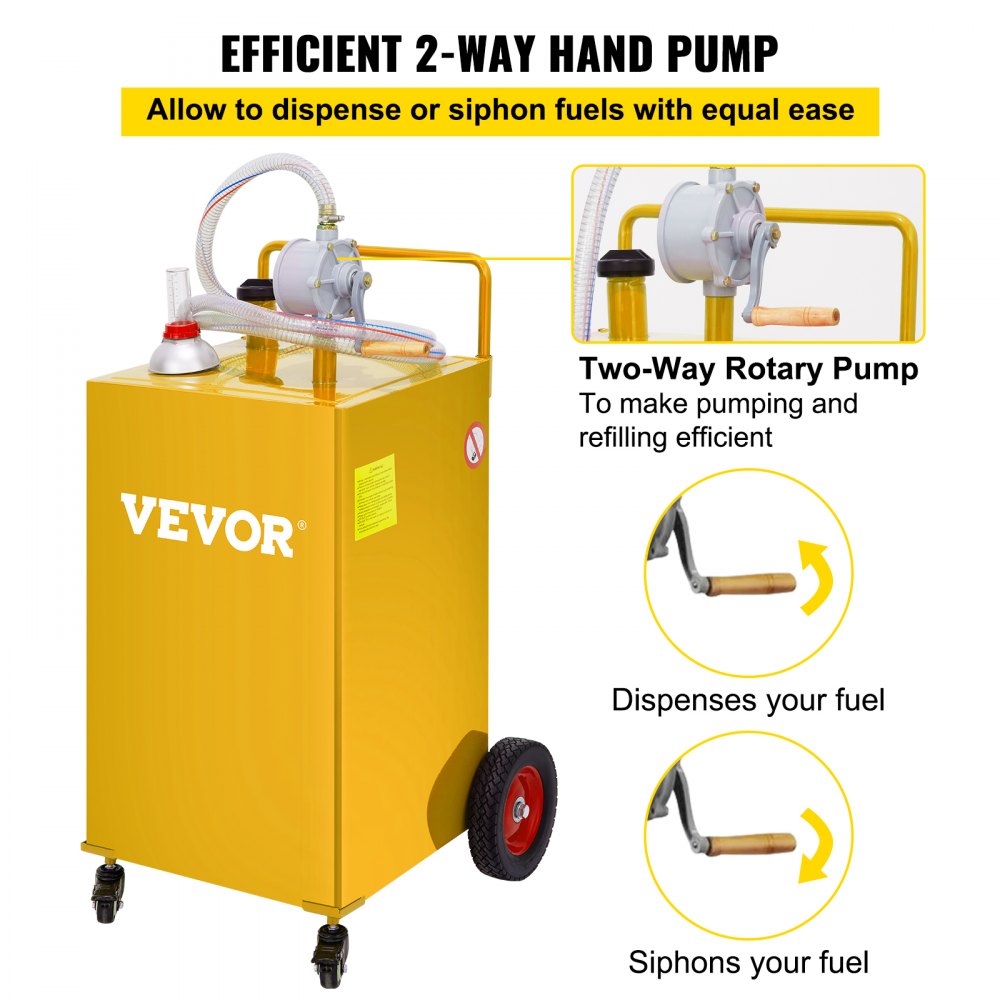 30 Gallon Fuel Caddy, Gas Storage Tank & 4 Wheels, with Manuel Transfer Pump, Gasoline Diesel Fuel Container for Cars, Lawn Mowers, ATVs, Boats, More, Yellow