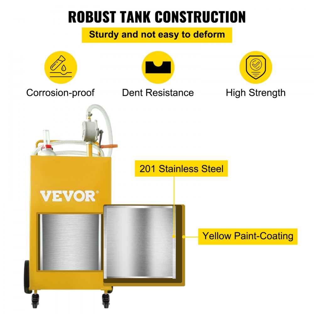 30 Gallon Fuel Caddy, Gas Storage Tank & 4 Wheels, with Manuel Transfer Pump, Gasoline Diesel Fuel Container for Cars, Lawn Mowers, ATVs, Boats, More, Yellow