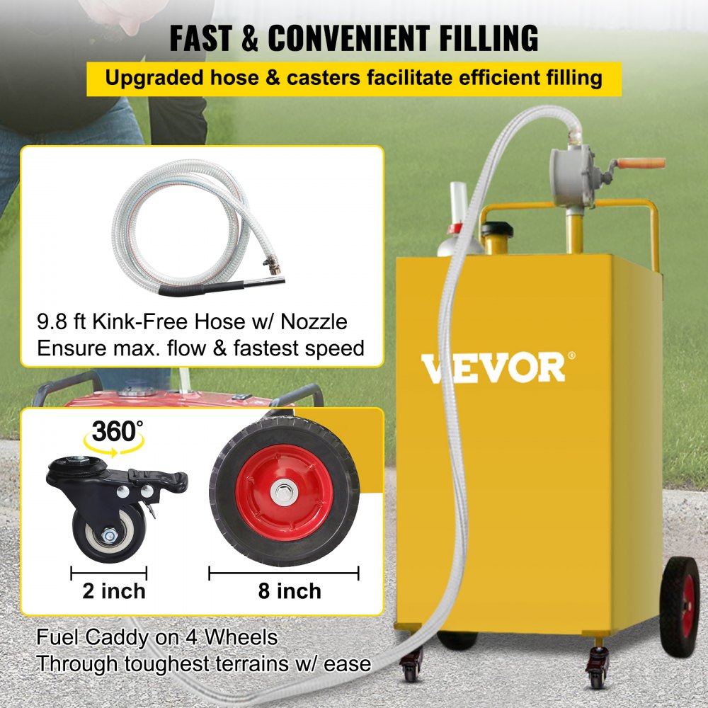 30 Gallon Fuel Caddy, Gas Storage Tank & 4 Wheels, with Manuel Transfer Pump, Gasoline Diesel Fuel Container for Cars, Lawn Mowers, ATVs, Boats, More, Yellow