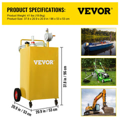 30 Gallon Fuel Caddy, Gas Storage Tank & 4 Wheels, with Manuel Transfer Pump, Gasoline Diesel Fuel Container for Cars, Lawn Mowers, ATVs, Boats, More, Yellow