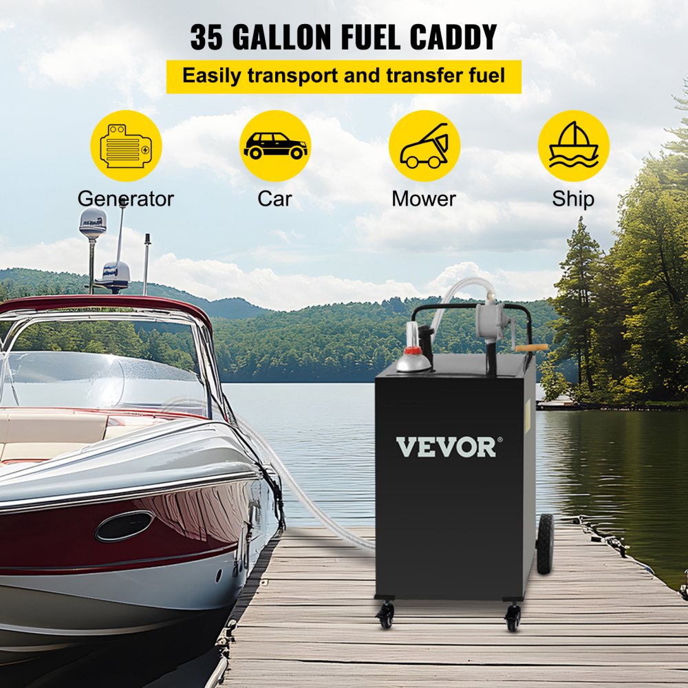 Fuel Caddy, 35 Gallon, Gas Storage Tank on 4 Wheels, with Manuel Transfer Pump, Gasoline Diesel Fuel Container for Cars, Lawn Mowers, ATVs, Boats, More, Black