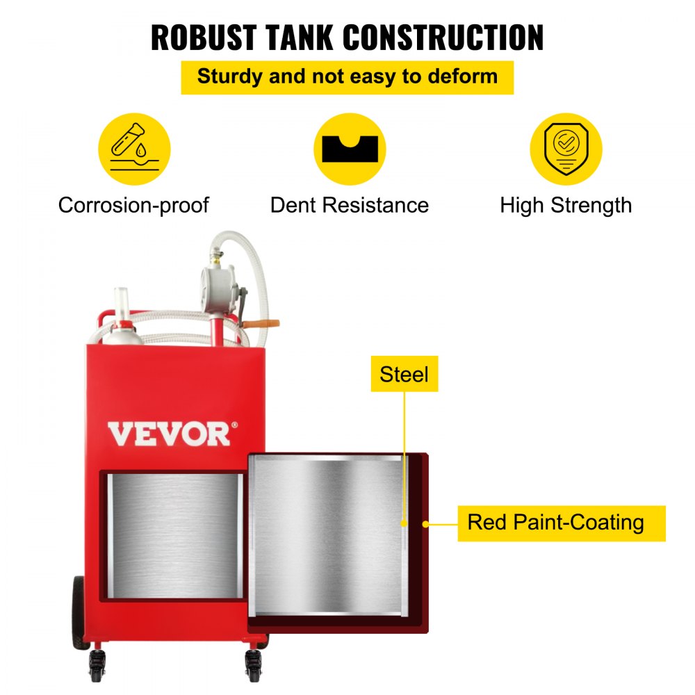 Fuel Caddy, 35 Gallon, Gas Storage Tank on 4 Wheels, with Manuel Transfer Pump, Gasoline Diesel Fuel Container for Cars, Lawn Mowers, ATVs, Boats, More, Red