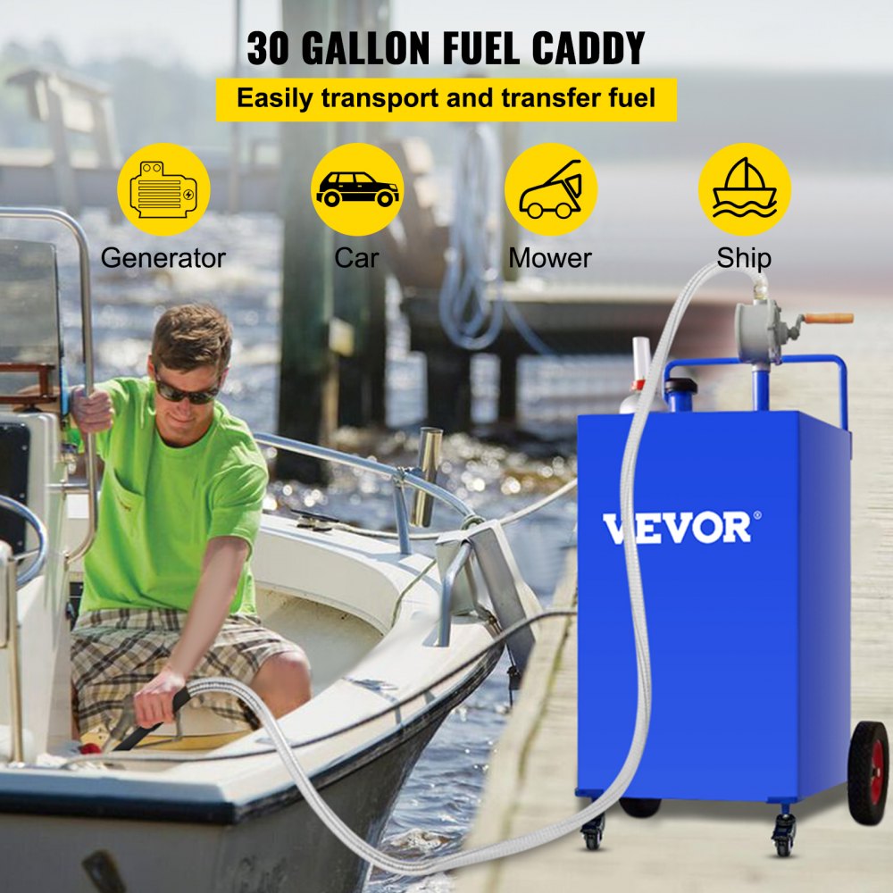 30 Gallon Fuel Caddy, Gas Storage Tank & 4 Wheels, with Manuel Transfer Pump, Gasoline Diesel Fuel Container for Cars, Lawn Mowers, ATVs, Boats, More, Blue