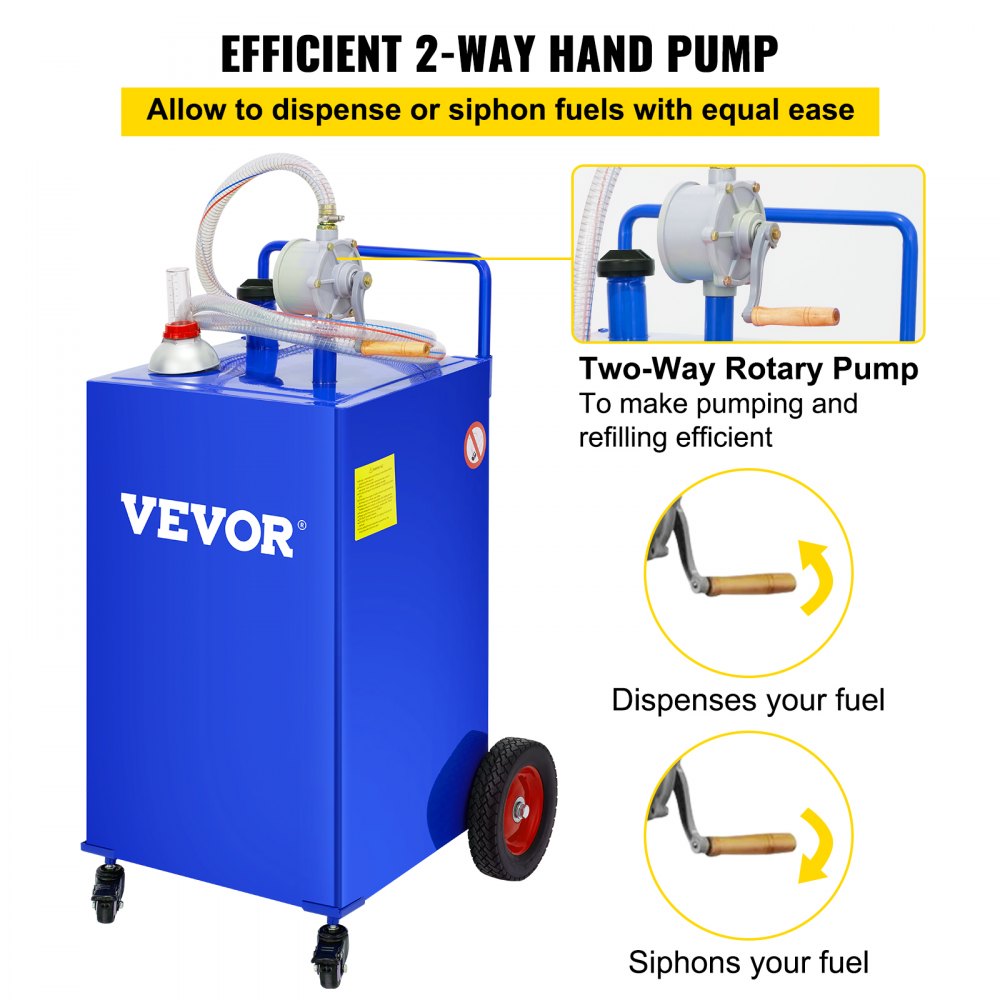 30 Gallon Fuel Caddy, Gas Storage Tank & 4 Wheels, with Manuel Transfer Pump, Gasoline Diesel Fuel Container for Cars, Lawn Mowers, ATVs, Boats, More, Blue