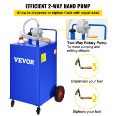 30 Gallon Fuel Caddy, Gas Storage Tank & 4 Wheels, with Manuel Transfer Pump, Gasoline Diesel Fuel Container for Cars, Lawn Mowers, ATVs, Boats, More, Blue