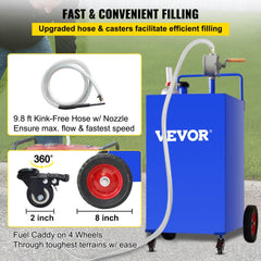 30 Gallon Fuel Caddy, Gas Storage Tank & 4 Wheels, with Manuel Transfer Pump, Gasoline Diesel Fuel Container for Cars, Lawn Mowers, ATVs, Boats, More, Blue
