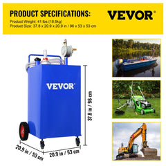 30 Gallon Fuel Caddy, Gas Storage Tank & 4 Wheels, with Manuel Transfer Pump, Gasoline Diesel Fuel Container for Cars, Lawn Mowers, ATVs, Boats, More, Blue