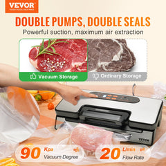 Vacuum Sealer Machine, 90Kpa 130W Powerful Dual Pump and Dual Sealing, Dry and Moist Food Storage, Automatic and Manual Air Sealing System with Built-in Cutter, with Seal Bag and External Hose
