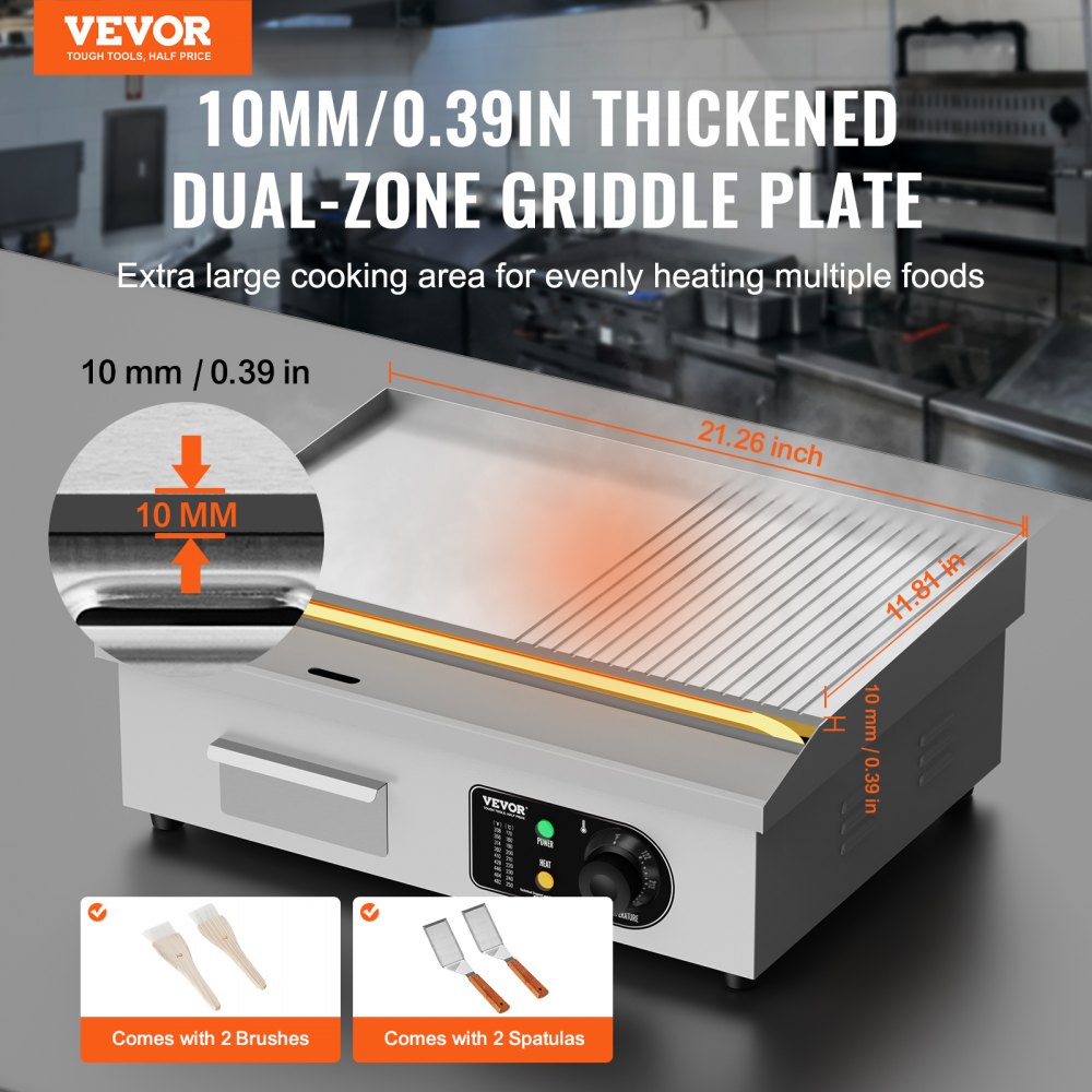 Commercial Electric Griddle, 1600W Countertop Half-Flat Top Grill, 122℉-572℉ Adjustable Temp, 21.26x11.81x0.39in Stainless Steel Griddle Grill with 2 Shovels and 2 Brushes for Home or Restaurant