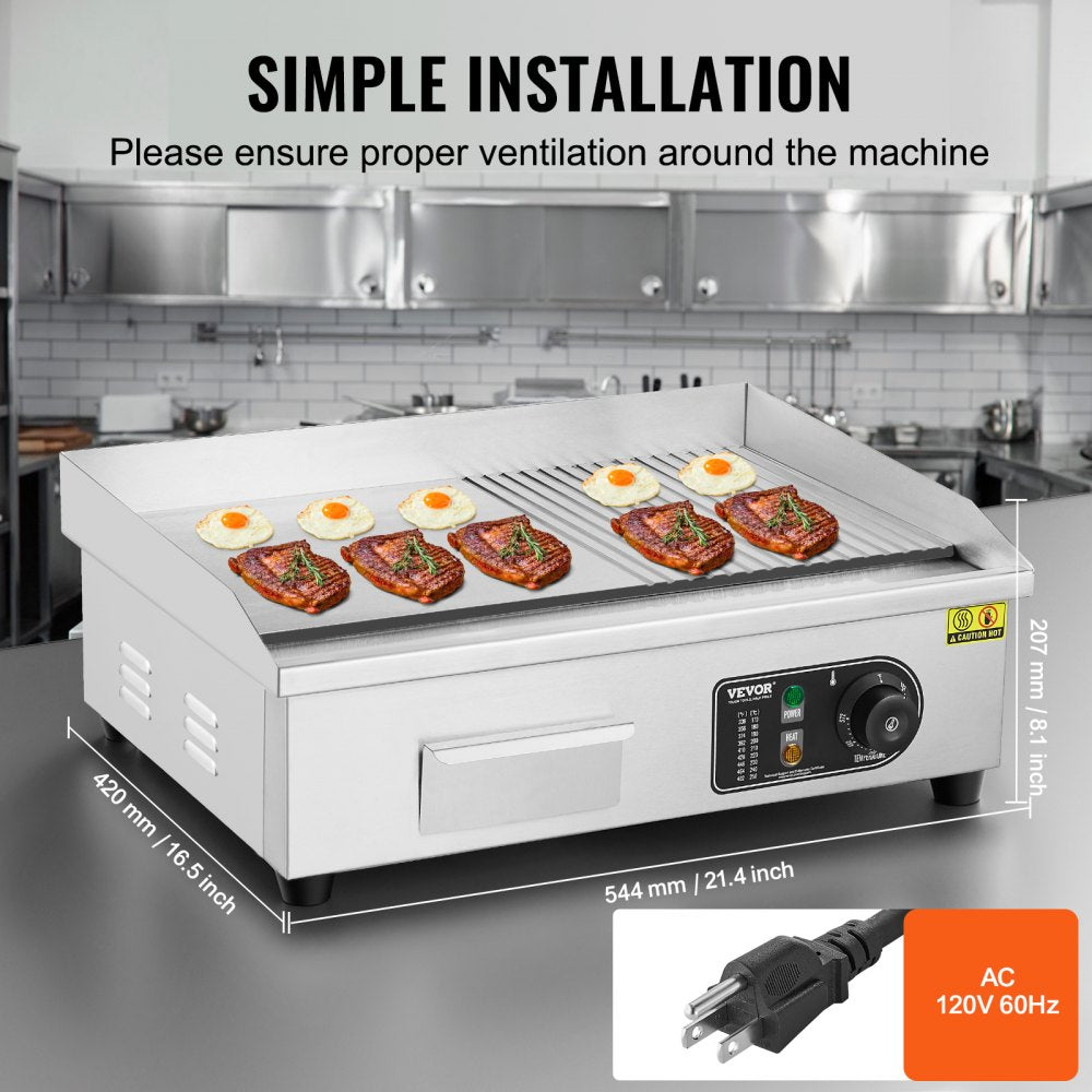 Commercial Electric Griddle, 1600W Countertop Half-Flat Top Grill, 122℉-572℉ Adjustable Temp, 21.26x11.81x0.39in Stainless Steel Griddle Grill with 2 Shovels and 2 Brushes for Home or Restaurant