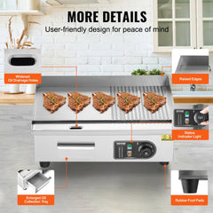 Commercial Electric Griddle, 1600W Countertop Half-Flat Top Grill, 122℉-572℉ Adjustable Temp, 21.26x11.81x0.39in Stainless Steel Griddle Grill with 2 Shovels and 2 Brushes for Home or Restaurant