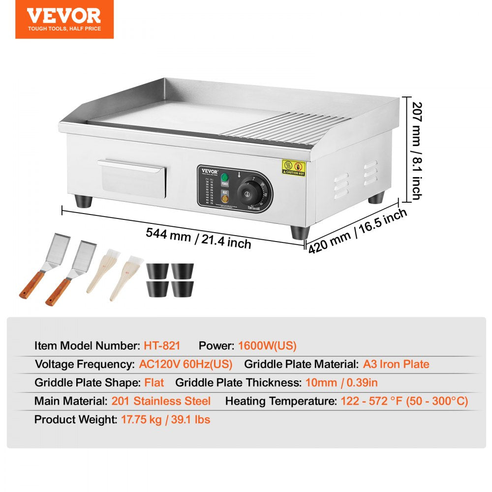 Commercial Electric Griddle, 1600W Countertop Half-Flat Top Grill, 122℉-572℉ Adjustable Temp, 21.26x11.81x0.39in Stainless Steel Griddle Grill with 2 Shovels and 2 Brushes for Home or Restaurant