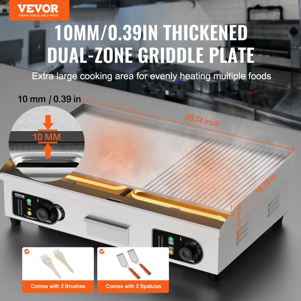 Commercial Electric Griddle, 2800W Countertop Half-Flat Top Grill, 122℉-572℉ Adjustable Temp, 28.74x15.75x0.39in Stainless Steel Griddle Grill with 2 Shovels and 2 Brushes for Home or Restaurant