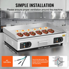 Commercial Electric Griddle, 2800W Countertop Half-Flat Top Grill, 122℉-572℉ Adjustable Temp, 28.74x15.75x0.39in Stainless Steel Griddle Grill with 2 Shovels and 2 Brushes for Home or Restaurant