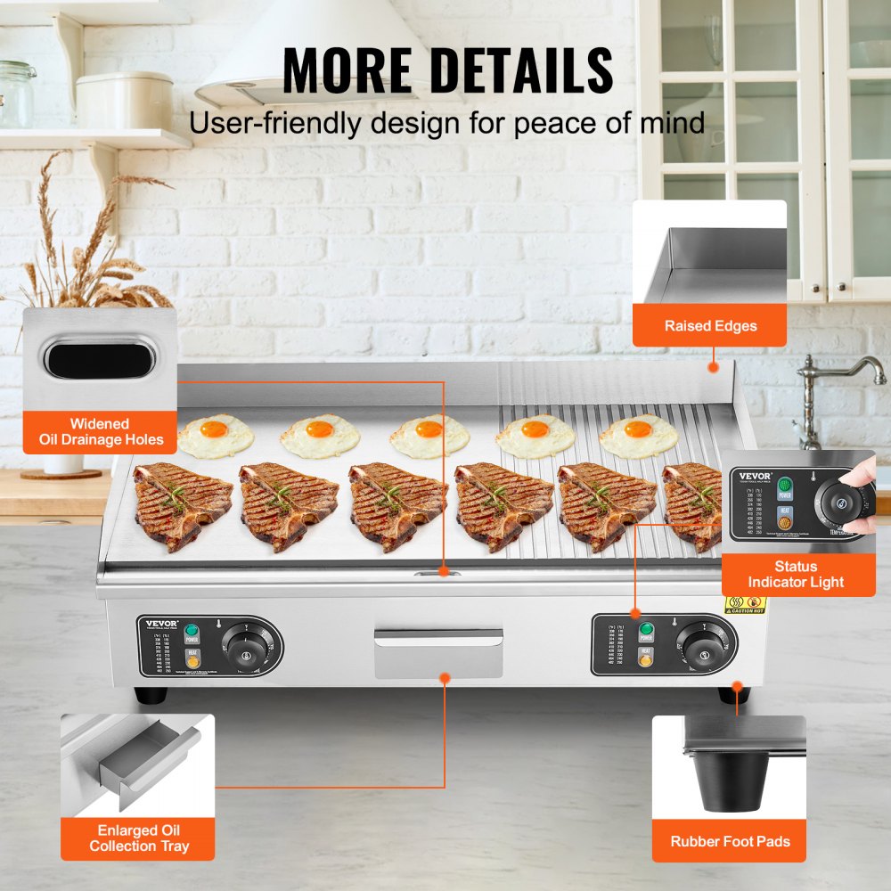 Commercial Electric Griddle, 2800W Countertop Half-Flat Top Grill, 122℉-572℉ Adjustable Temp, 28.74x15.75x0.39in Stainless Steel Griddle Grill with 2 Shovels and 2 Brushes for Home or Restaurant