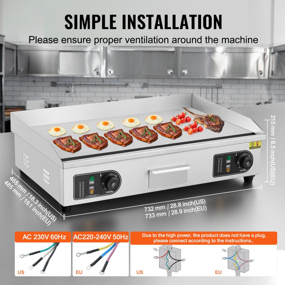 Commercial Electric Griddle, 4400W Countertop Flat Top Grill, 122℉-572 ℉ Adjustable Temp, 28.74 x 15.75 x 0.39in Stainless Steel Griddle Grill with 2 Shovels and 2 Brushes for Home or Restaurant