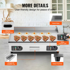 Commercial Electric Griddle, 4400W Countertop Flat Top Grill, 122℉-572 ℉ Adjustable Temp, 28.74 x 15.75 x 0.39in Stainless Steel Griddle Grill with 2 Shovels and 2 Brushes for Home or Restaurant