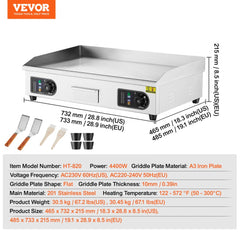 Commercial Electric Griddle, 4400W Countertop Flat Top Grill, 122℉-572 ℉ Adjustable Temp, 28.74 x 15.75 x 0.39in Stainless Steel Griddle Grill with 2 Shovels and 2 Brushes for Home or Restaurant
