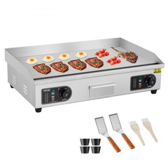 Commercial Electric Griddle, 2800W Countertop Flat Top Grill, 122℉-572 ℉ Adjustable Temp, 28.74 x 15.75 x 0.39in Stainless Steel Griddle Grill with 2 Shovels and 2 Brushes for Home or Restaurant
