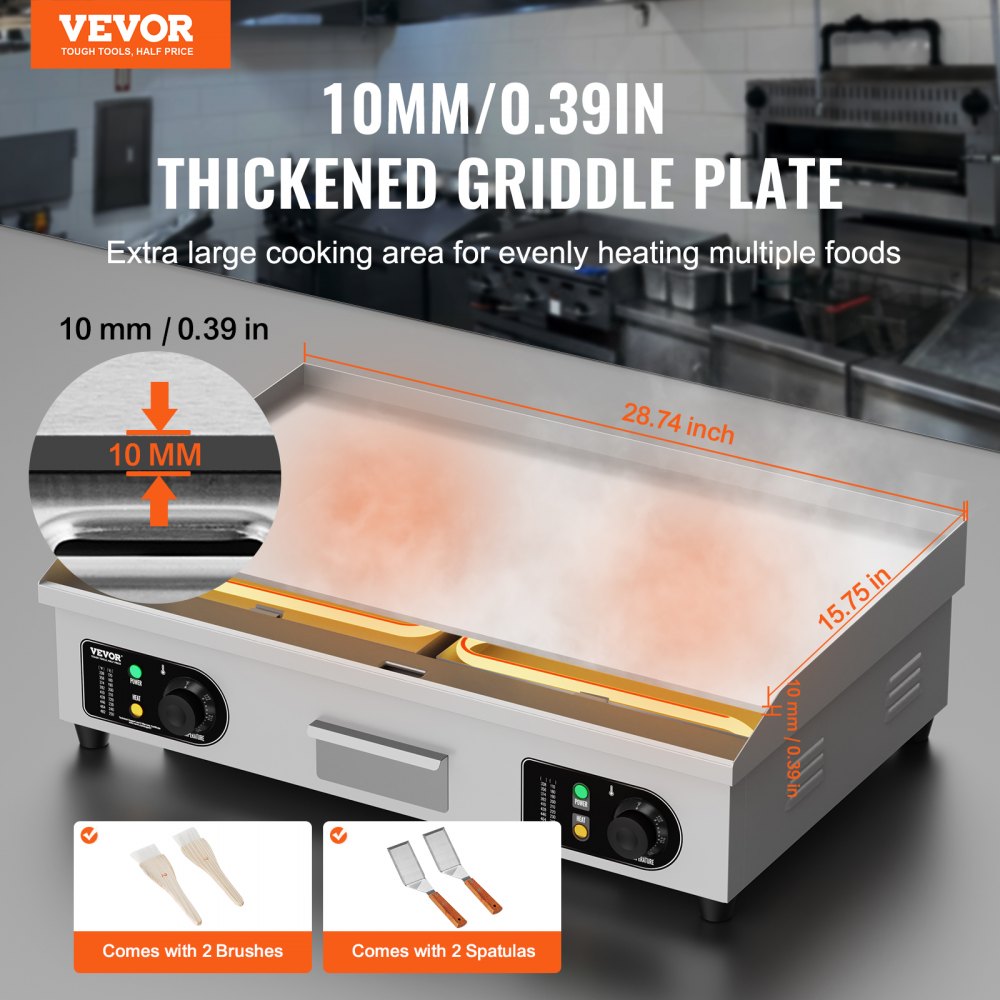 Commercial Electric Griddle, 2800W Countertop Flat Top Grill, 122℉-572 ℉ Adjustable Temp, 28.74 x 15.75 x 0.39in Stainless Steel Griddle Grill with 2 Shovels and 2 Brushes for Home or Restaurant