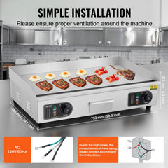 Commercial Electric Griddle, 2800W Countertop Flat Top Grill, 122℉-572 ℉ Adjustable Temp, 28.74 x 15.75 x 0.39in Stainless Steel Griddle Grill with 2 Shovels and 2 Brushes for Home or Restaurant