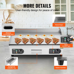 Commercial Electric Griddle, 2800W Countertop Flat Top Grill, 122℉-572 ℉ Adjustable Temp, 28.74 x 15.75 x 0.39in Stainless Steel Griddle Grill with 2 Shovels and 2 Brushes for Home or Restaurant