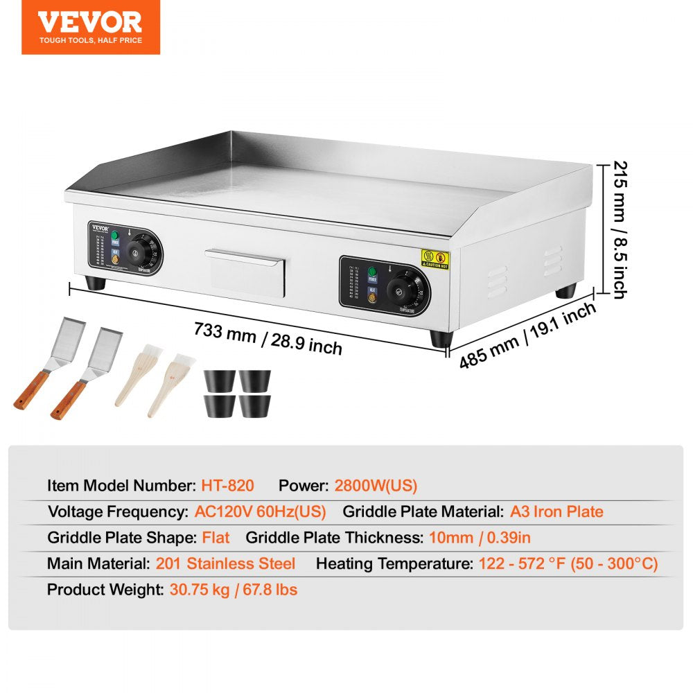 Commercial Electric Griddle, 2800W Countertop Flat Top Grill, 122℉-572 ℉ Adjustable Temp, 28.74 x 15.75 x 0.39in Stainless Steel Griddle Grill with 2 Shovels and 2 Brushes for Home or Restaurant