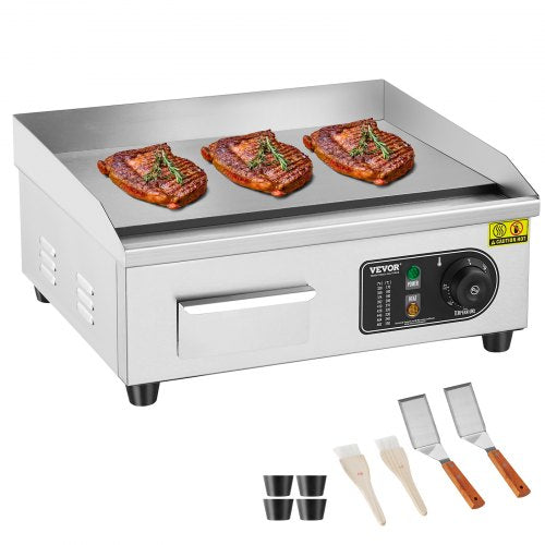 Commercial Electric Griddle, 1700W Countertop Flat Top Grill, 122℉-572 ℉ Adjustable Temp, 17.72 x 11.81 x 0.39in Stainless Steel Griddle Grill with 2 Shovels and 2 Brushes for Home or Restaurant