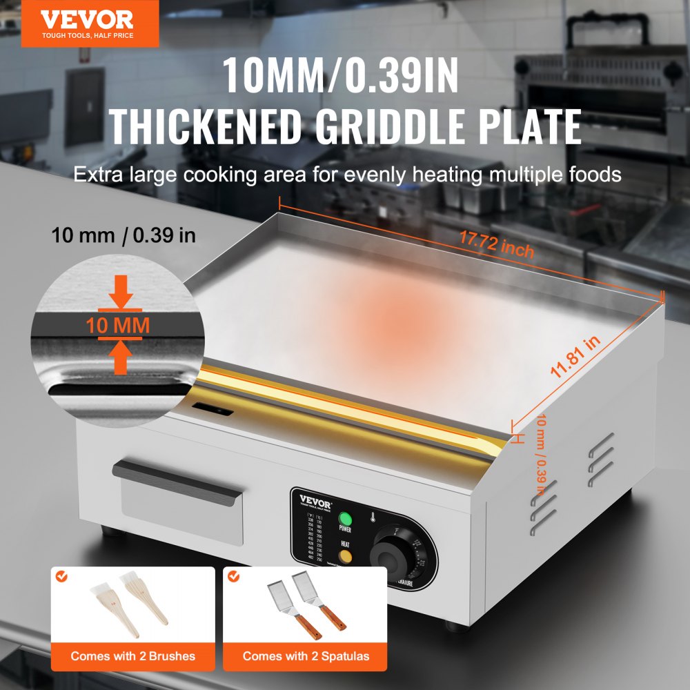 Commercial Electric Griddle, 1700W Countertop Flat Top Grill, 122℉-572 ℉ Adjustable Temp, 17.72 x 11.81 x 0.39in Stainless Steel Griddle Grill with 2 Shovels and 2 Brushes for Home or Restaurant