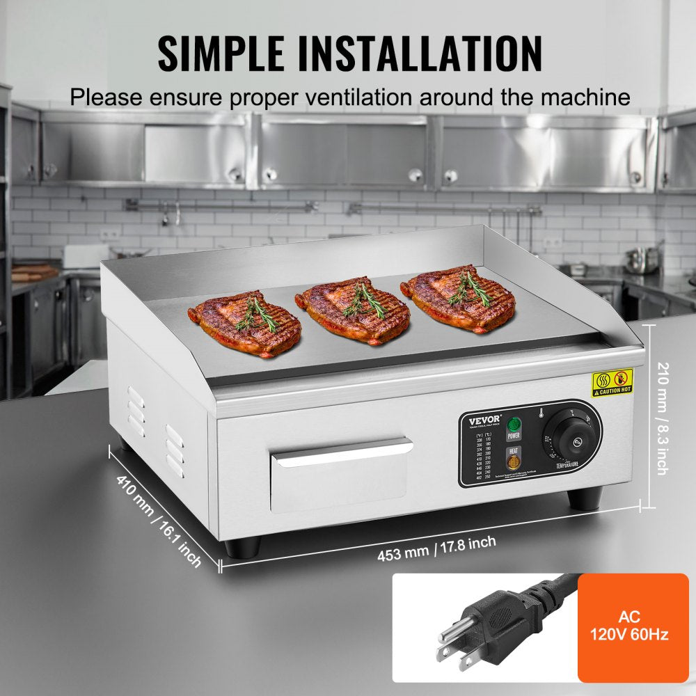 Commercial Electric Griddle, 1700W Countertop Flat Top Grill, 122℉-572 ℉ Adjustable Temp, 17.72 x 11.81 x 0.39in Stainless Steel Griddle Grill with 2 Shovels and 2 Brushes for Home or Restaurant