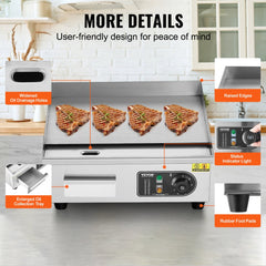 Commercial Electric Griddle, 1700W Countertop Flat Top Grill, 122℉-572 ℉ Adjustable Temp, 17.72 x 11.81 x 0.39in Stainless Steel Griddle Grill with 2 Shovels and 2 Brushes for Home or Restaurant